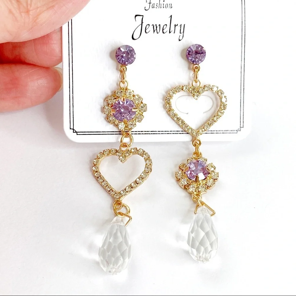 Romantic Hearts Purple Crystal Gold Drop Earrings